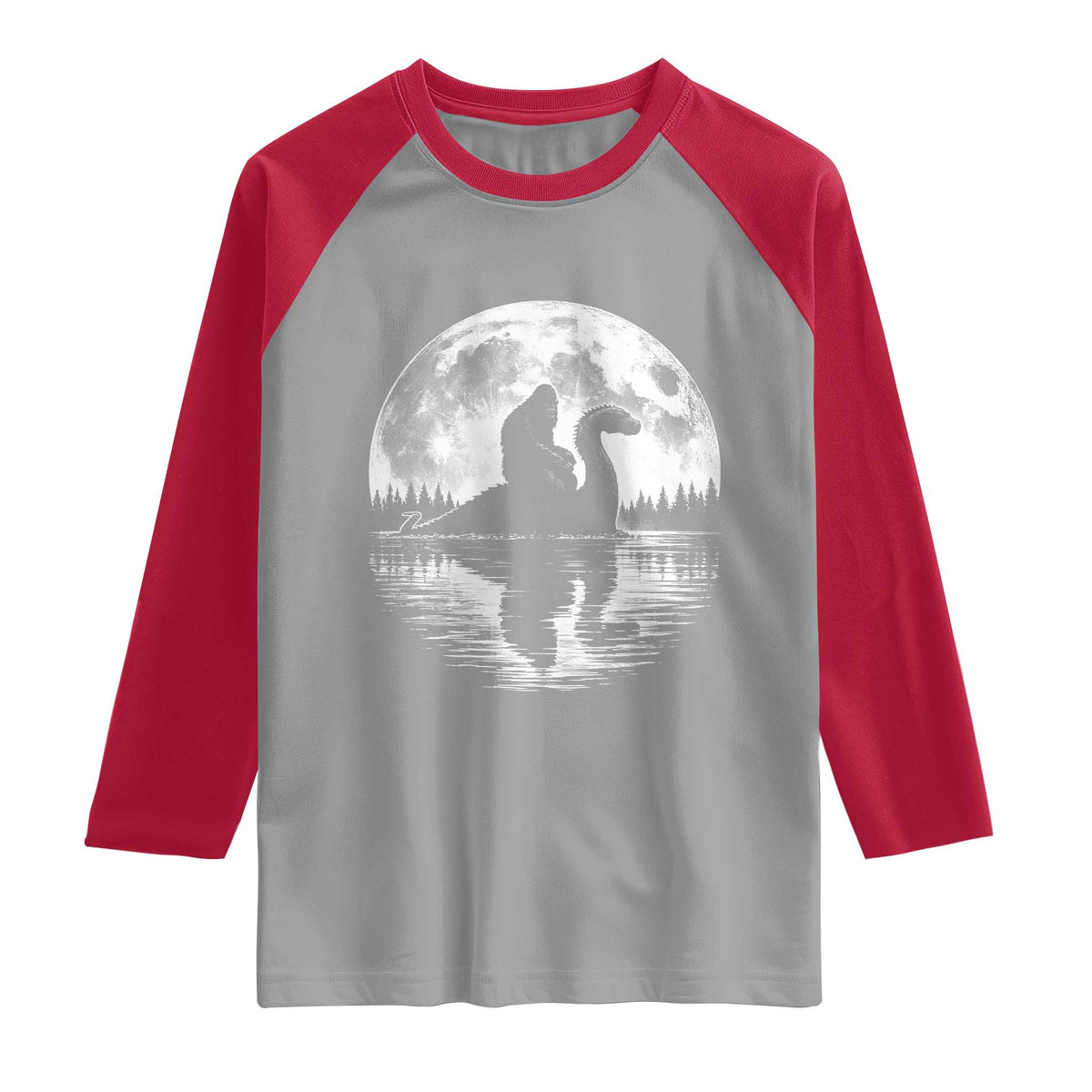 Funny Bigfoot Loch Ness Monster Raglan Shirt Retro Sasquatch Nessie Funny Cryptid Moon TS10 Sport Gray Red Print Your Wear