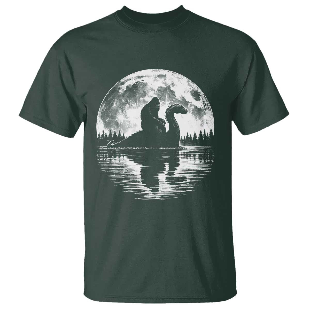 Funny Bigfoot Loch Ness Monster T Shirt Retro Sasquatch Nessie Funny Cryptid Moon TS10 Dark Forest Green Print Your Wear