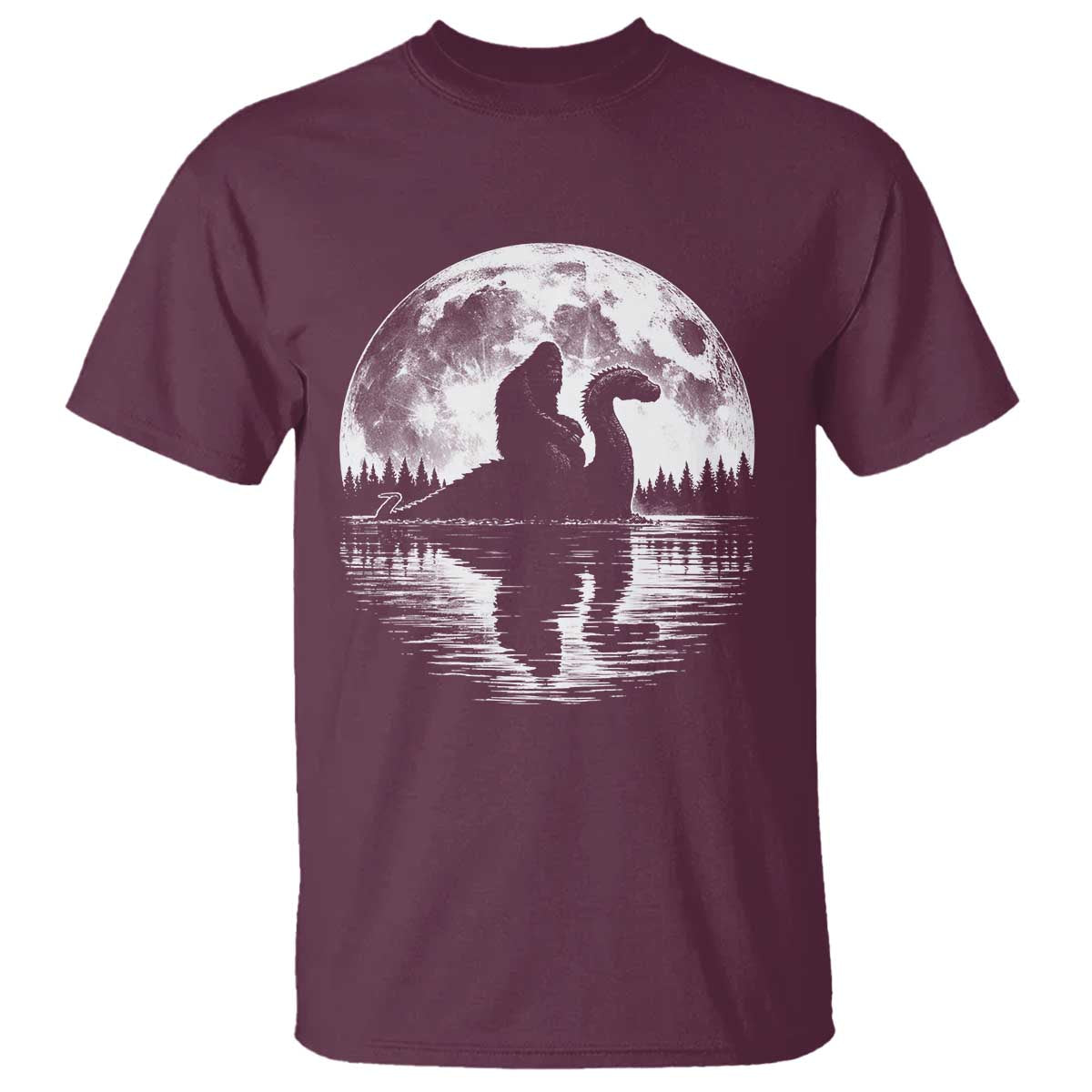 Funny Bigfoot Loch Ness Monster T Shirt Retro Sasquatch Nessie Funny Cryptid Moon TS10 Maroon Print Your Wear