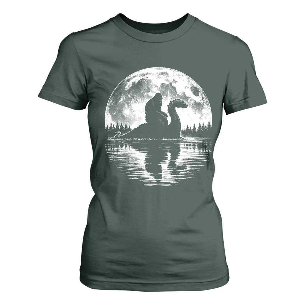 Funny Bigfoot Loch Ness Monster T Shirt For Women Retro Sasquatch Nessie Funny Cryptid Moon TS10 Dark Forest Green Print Your Wear
