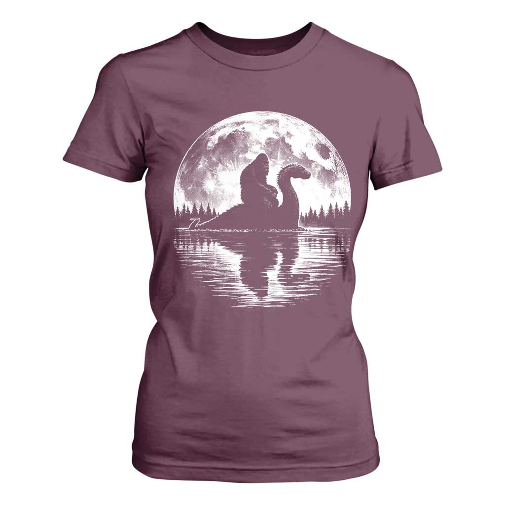 Funny Bigfoot Loch Ness Monster T Shirt For Women Retro Sasquatch Nessie Funny Cryptid Moon TS10 Maroon Print Your Wear