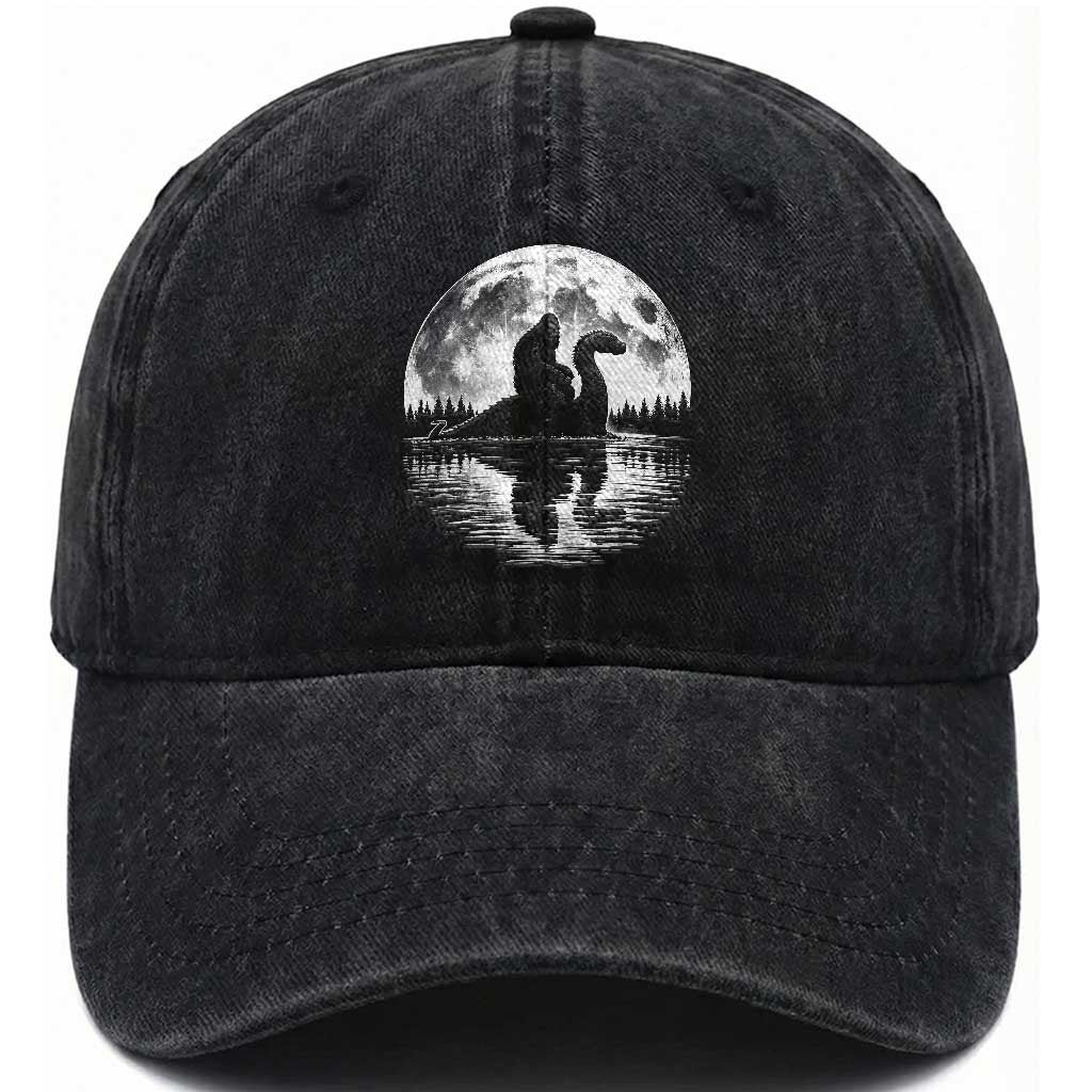 Funny Bigfoot Loch Ness Monster Washed Cotton Baseball Cap Retro Sasquatch Nessie Funny Cryptid Moon TS10 Washed Cap Universal Fit Black Print Your Wear