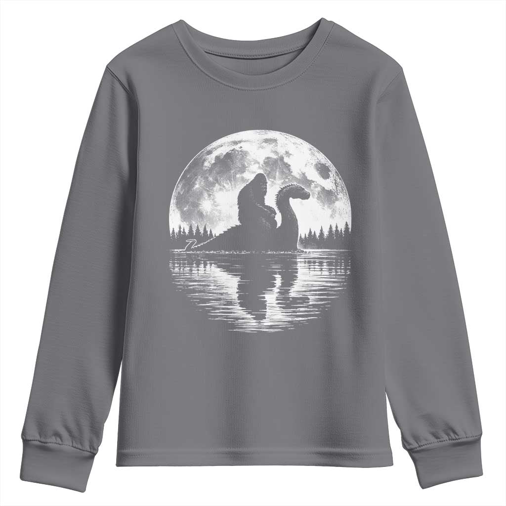 Funny Bigfoot Loch Ness Monster Youth Sweatshirt Retro Sasquatch Nessie Funny Cryptid Moon TS10 Charcoal Print Your Wear