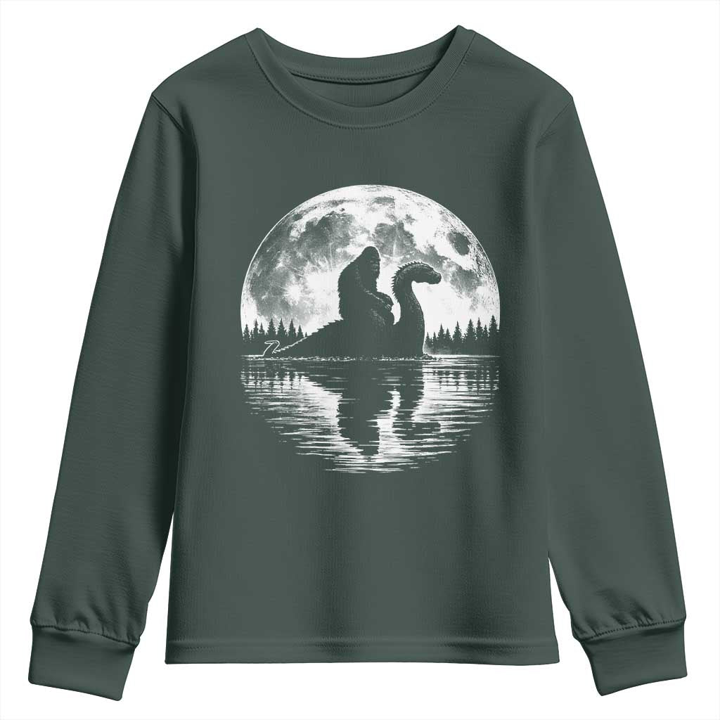 Funny Bigfoot Loch Ness Monster Youth Sweatshirt Retro Sasquatch Nessie Funny Cryptid Moon TS10 Dark Forest Green Print Your Wear