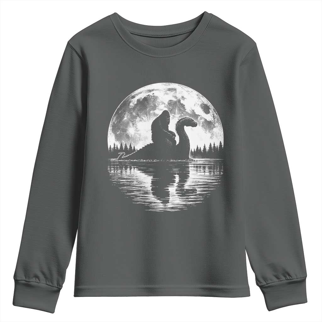 Funny Bigfoot Loch Ness Monster Youth Sweatshirt Retro Sasquatch Nessie Funny Cryptid Moon TS10 Dark Heather Print Your Wear