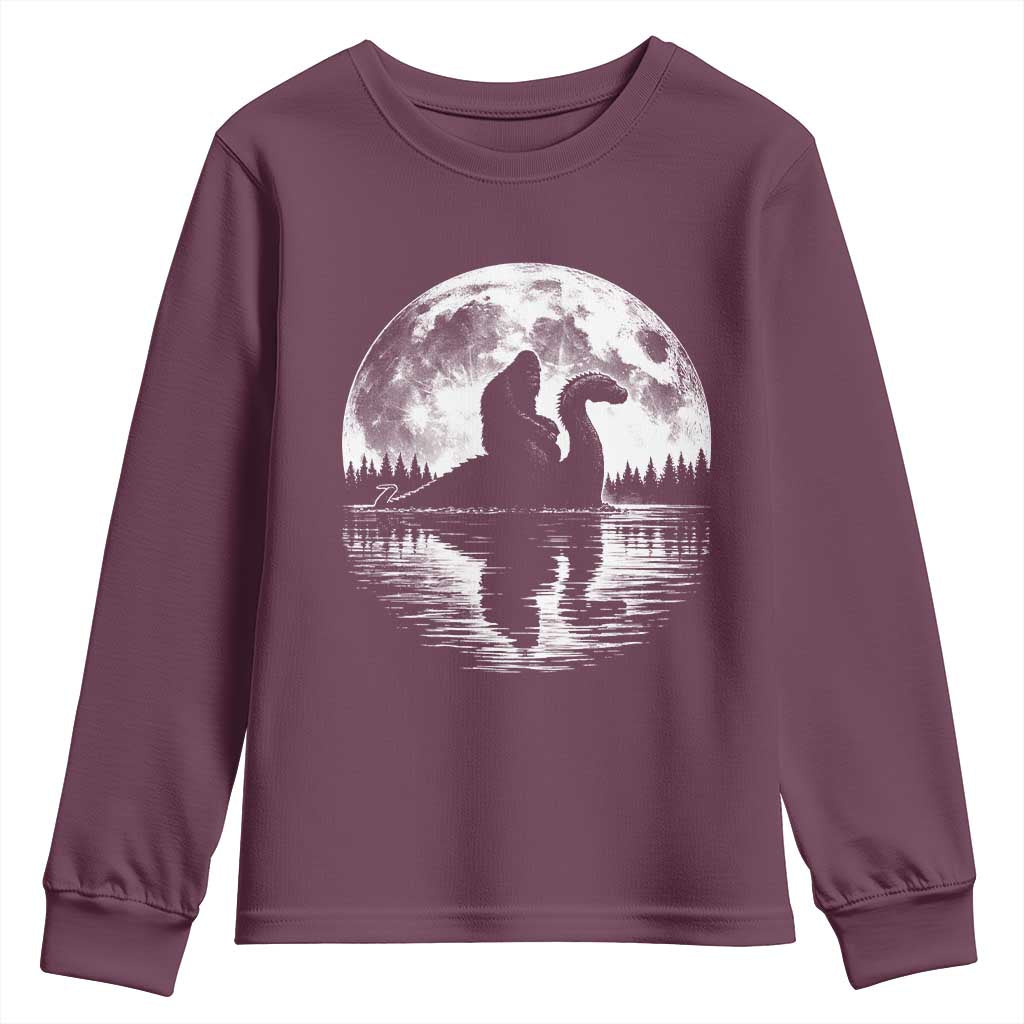 Funny Bigfoot Loch Ness Monster Youth Sweatshirt Retro Sasquatch Nessie Funny Cryptid Moon TS10 Maroon Print Your Wear