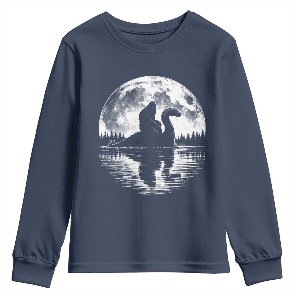 Funny Bigfoot Loch Ness Monster Youth Sweatshirt Retro Sasquatch Nessie Funny Cryptid Moon TS10 Navy Print Your Wear