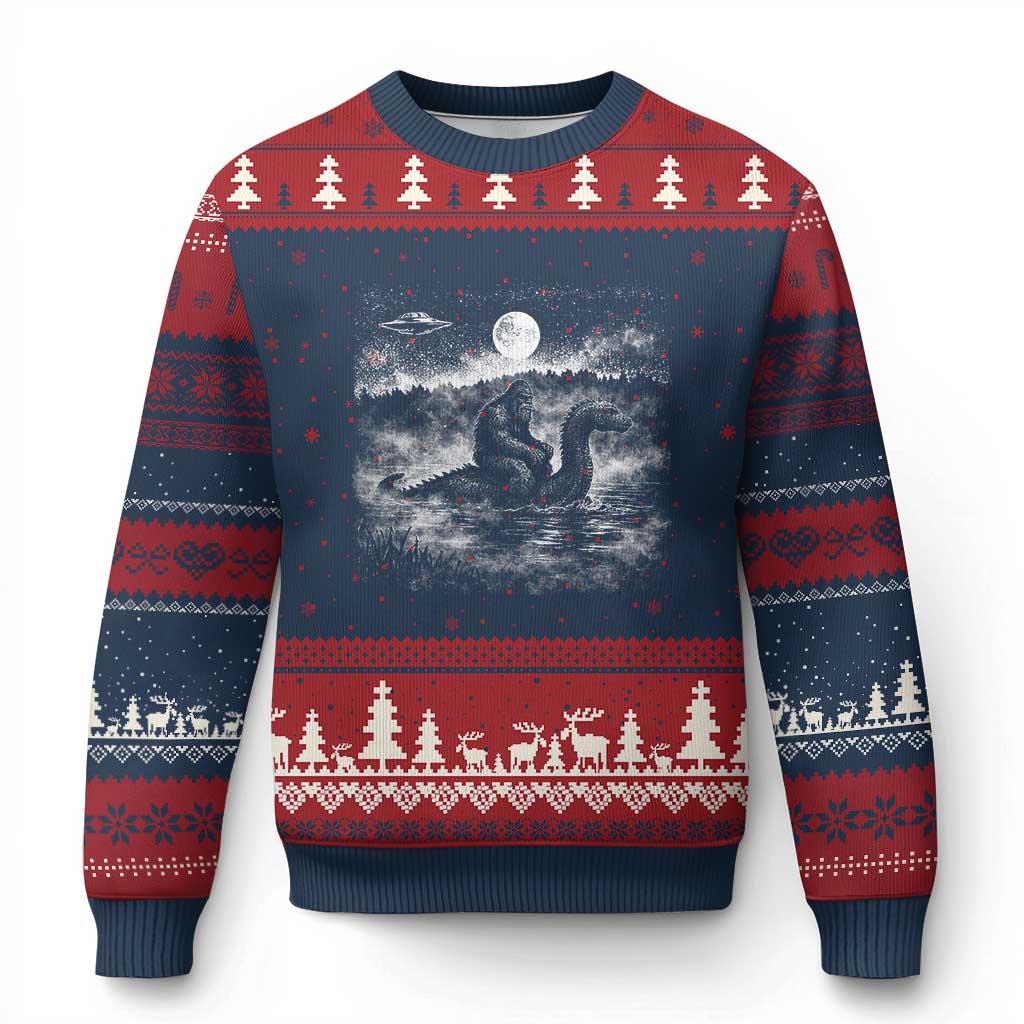 Bigfoot Loch Ness Monster Ugly Christmas Sweater Funny Retro Sasquatch Nessie Funny Cryptid Vintage Graphic TS10 Navy Red Print Your Wear