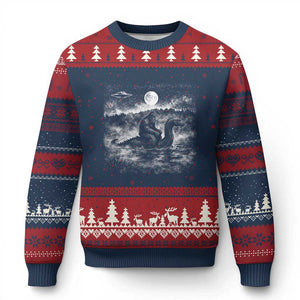Bigfoot Loch Ness Monster Ugly Christmas Sweater Funny Retro Sasquatch Nessie Funny Cryptid Vintage Graphic TS10 Navy Red Print Your Wear