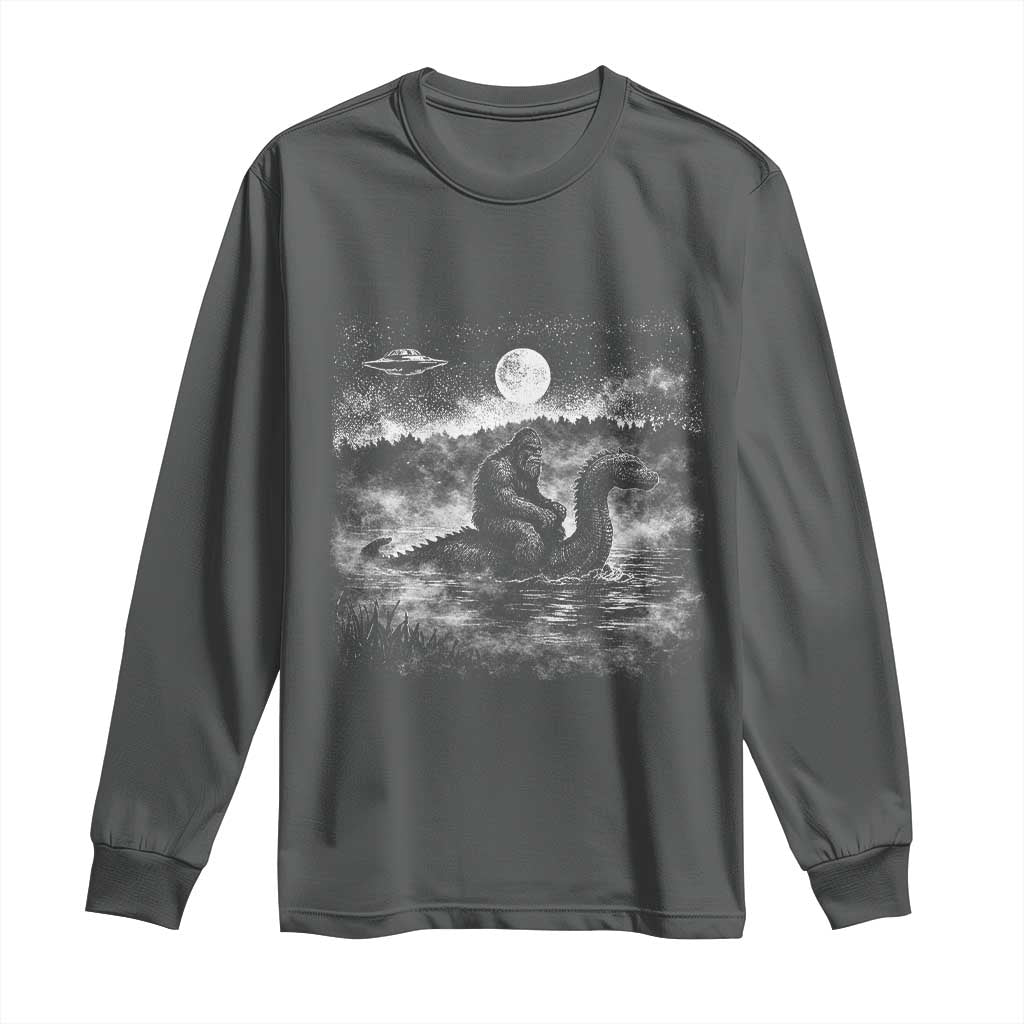 Bigfoot Loch Ness Monster Long Sleeve Shirt Funny Retro Sasquatch Nessie Funny Cryptid Vintage Graphic TS10 Dark Heather Print Your Wear