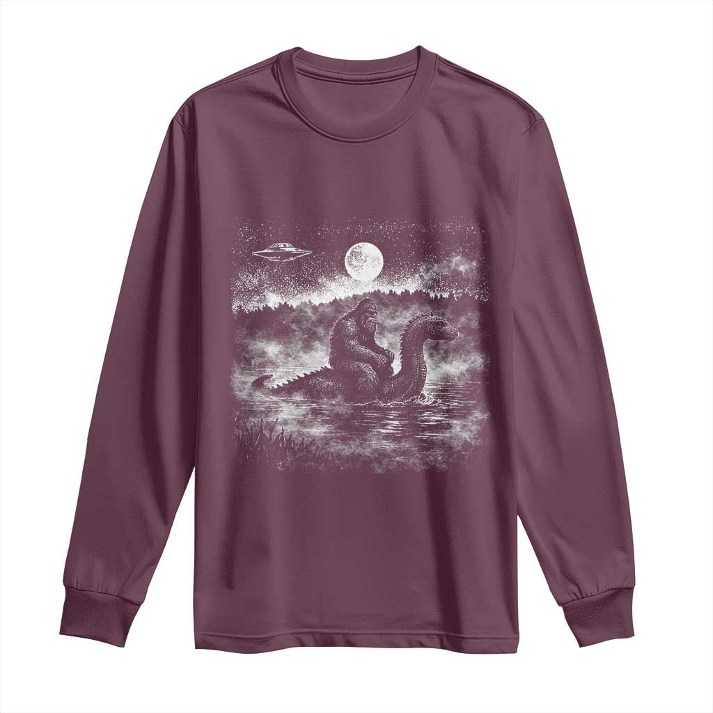 Bigfoot Loch Ness Monster Long Sleeve Shirt Funny Retro Sasquatch Nessie Funny Cryptid Vintage Graphic TS10 Maroon Print Your Wear