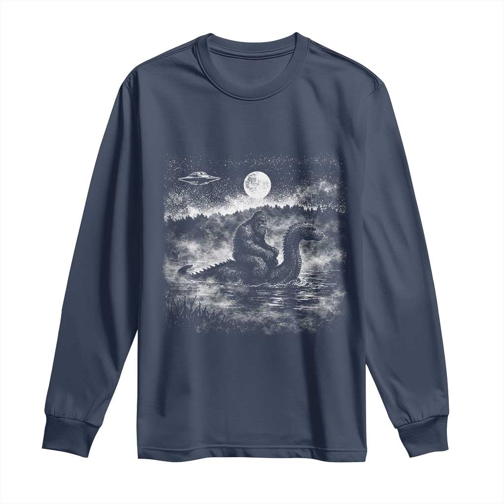Bigfoot Loch Ness Monster Long Sleeve Shirt Funny Retro Sasquatch Nessie Funny Cryptid Vintage Graphic TS10 Navy Print Your Wear