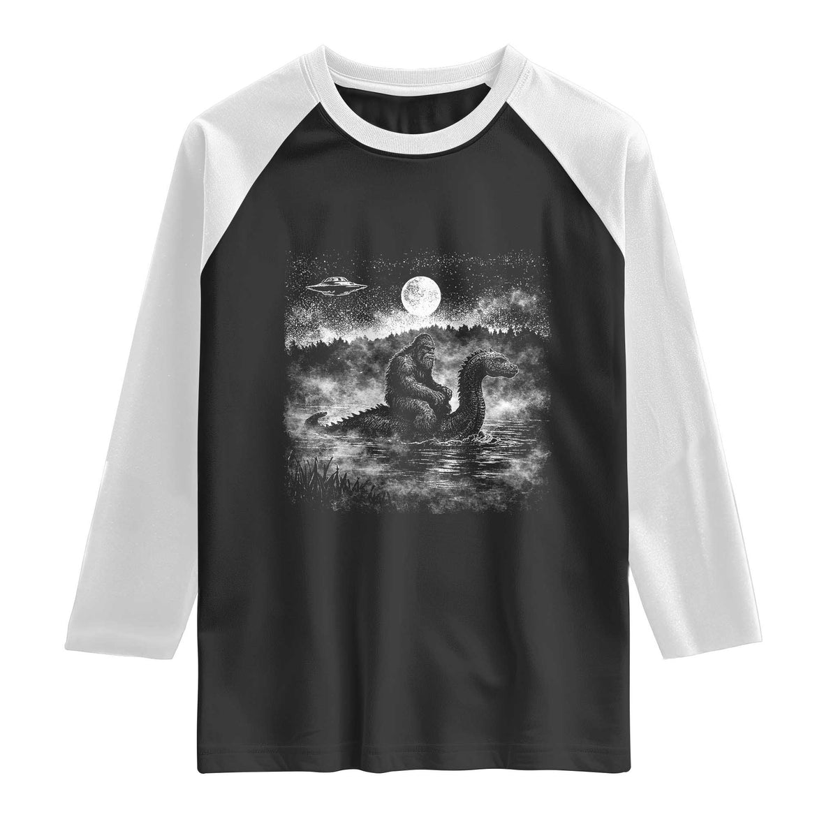 Bigfoot Loch Ness Monster Raglan Shirt Funny Retro Sasquatch Nessie Funny Cryptid Vintage Graphic TS10 Black White Print Your Wear