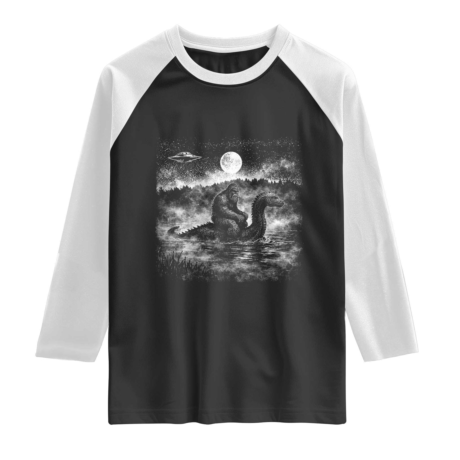Bigfoot Loch Ness Monster Raglan Shirt Funny Retro Sasquatch Nessie Funny Cryptid Vintage Graphic TS10 Black White Print Your Wear