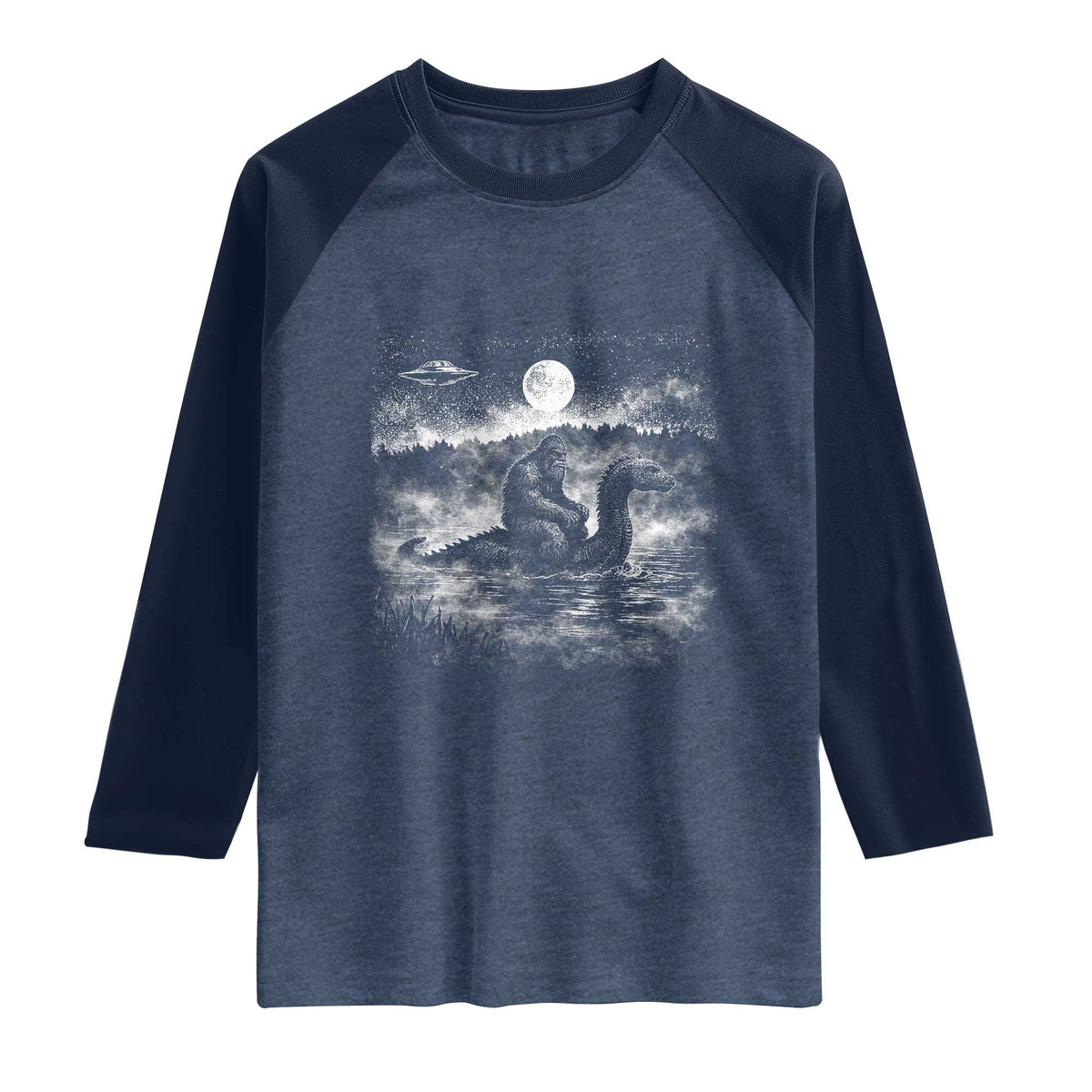 Bigfoot Loch Ness Monster Raglan Shirt Funny Retro Sasquatch Nessie Funny Cryptid Vintage Graphic TS10 Heather Denim Navy Print Your Wear