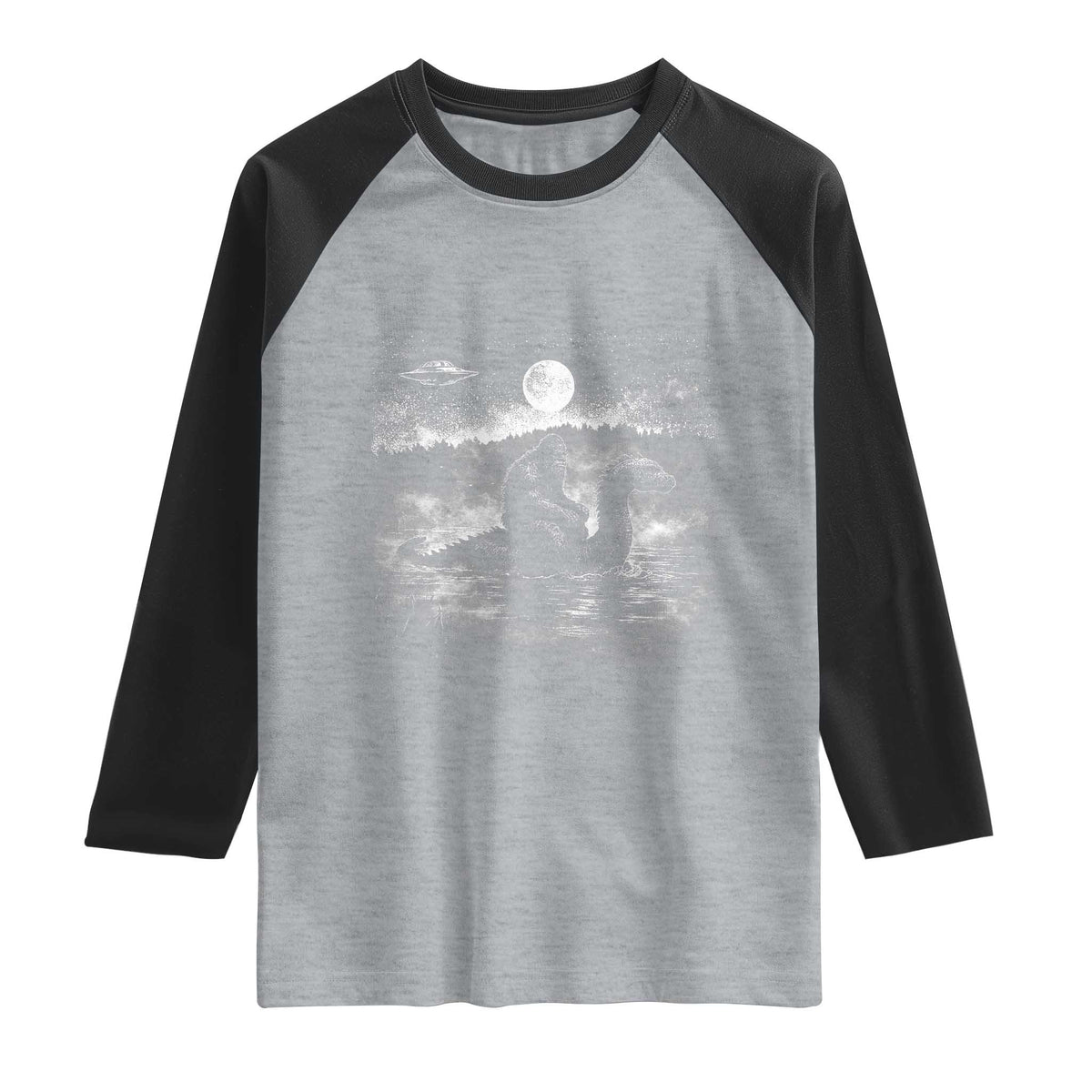 Bigfoot Loch Ness Monster Raglan Shirt Funny Retro Sasquatch Nessie Funny Cryptid Vintage Graphic TS10 Heather Gray Black Print Your Wear
