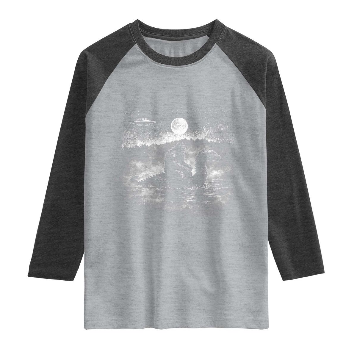 Bigfoot Loch Ness Monster Raglan Shirt Funny Retro Sasquatch Nessie Funny Cryptid Vintage Graphic TS10 Heather Gray Heather Charcoal Print Your Wear