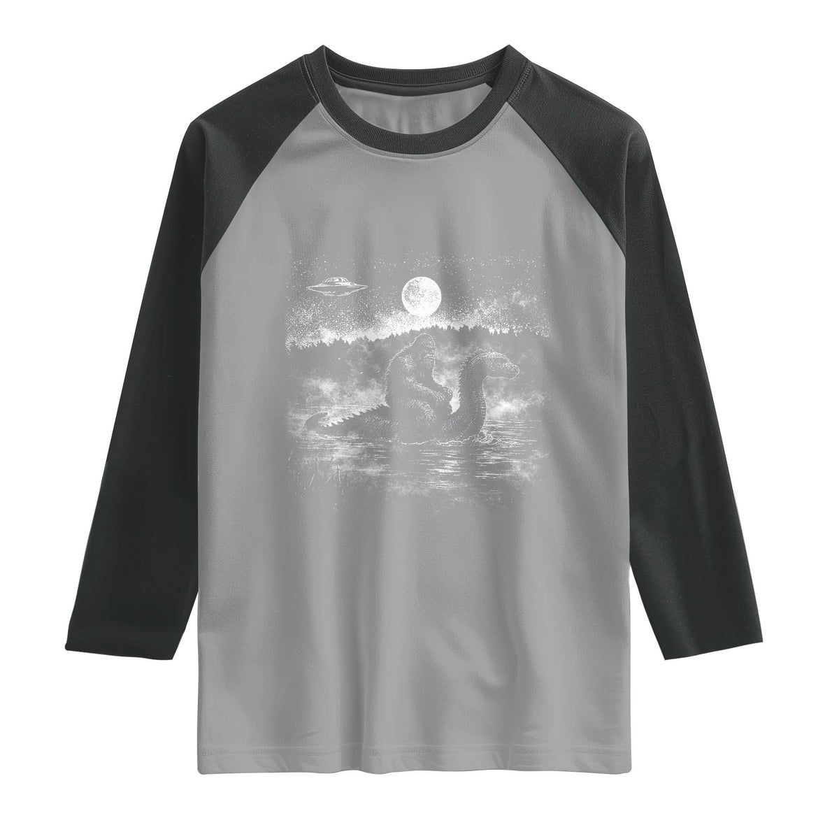 Bigfoot Loch Ness Monster Raglan Shirt Funny Retro Sasquatch Nessie Funny Cryptid Vintage Graphic TS10 Sport Gray Black Print Your Wear