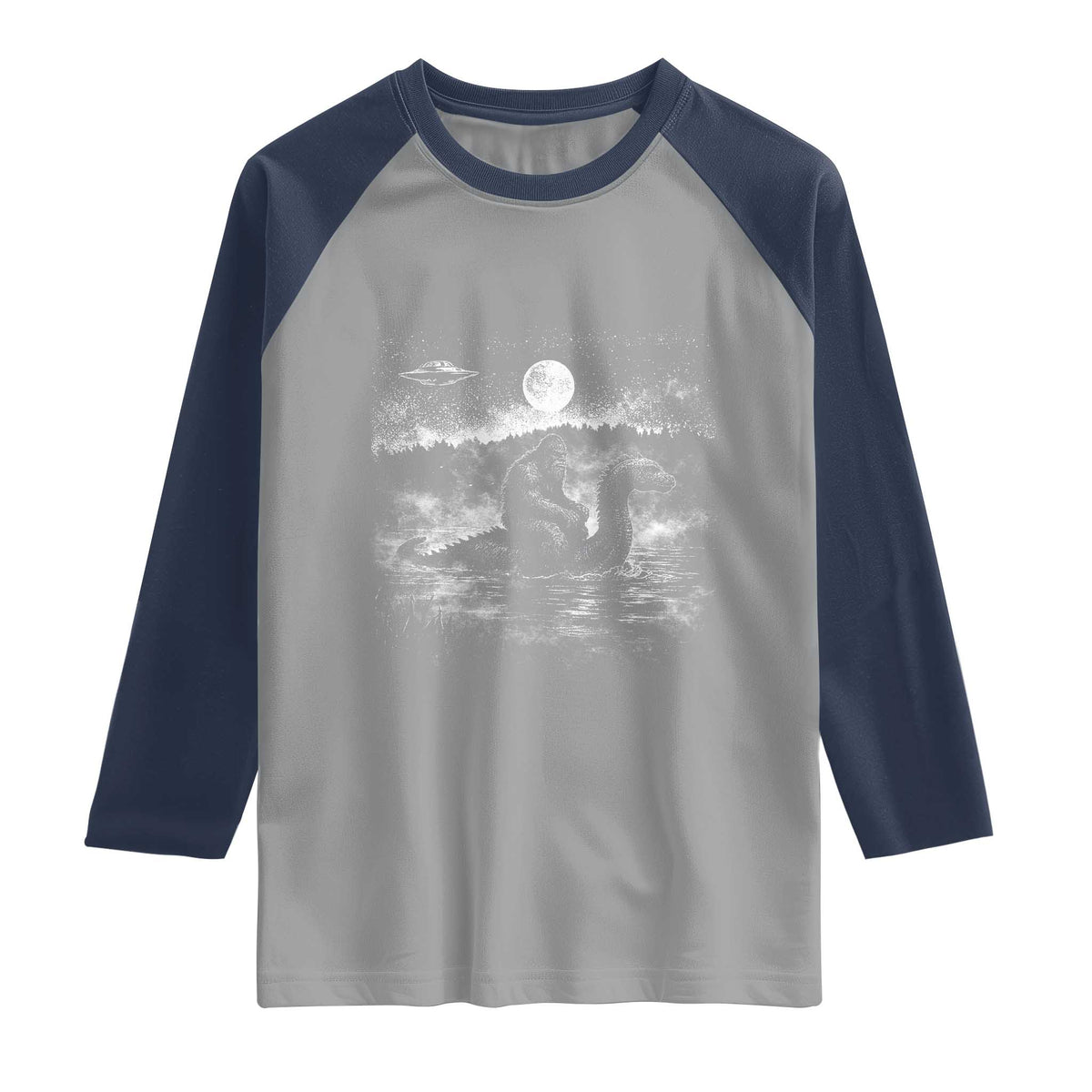 Bigfoot Loch Ness Monster Raglan Shirt Funny Retro Sasquatch Nessie Funny Cryptid Vintage Graphic TS10 Sport Gray Navy Print Your Wear