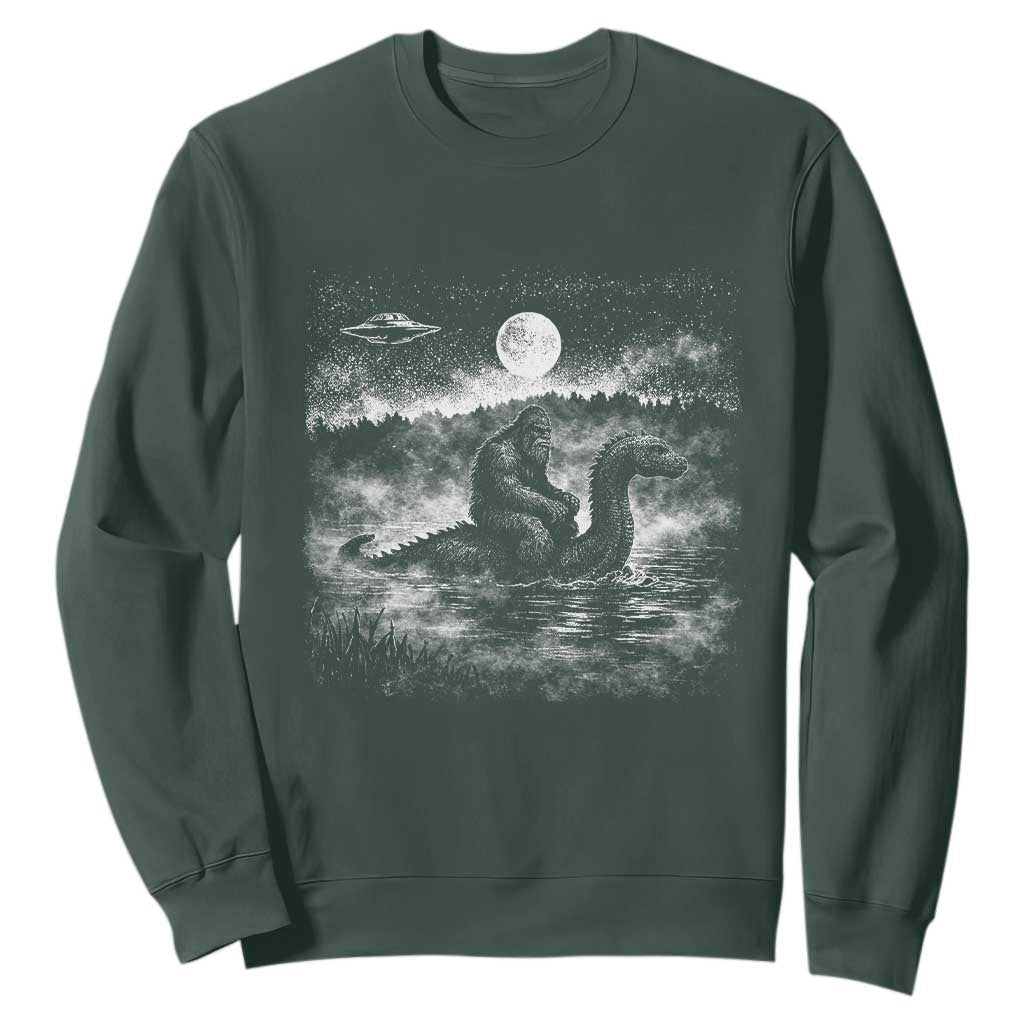 Bigfoot Loch Ness Monster Sweatshirt Funny Retro Sasquatch Nessie Funny Cryptid Vintage Graphic TS10 Dark Forest Green Print Your Wear