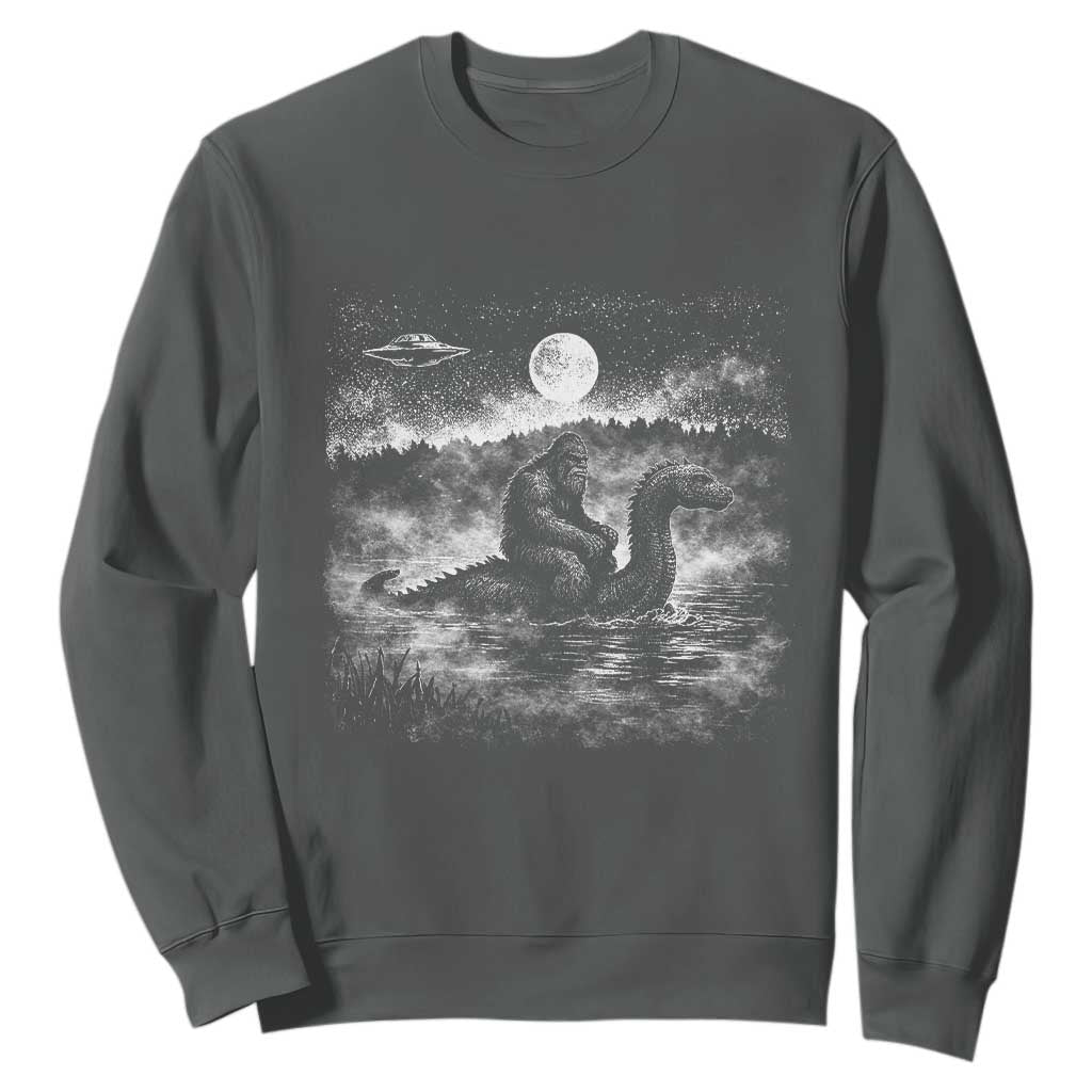 Bigfoot Loch Ness Monster Sweatshirt Funny Retro Sasquatch Nessie Funny Cryptid Vintage Graphic TS10 Dark Heather Print Your Wear