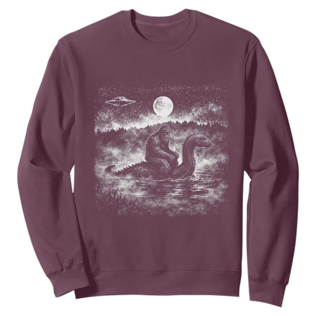 Bigfoot Loch Ness Monster Sweatshirt Funny Retro Sasquatch Nessie Funny Cryptid Vintage Graphic TS10 Maroon Print Your Wear