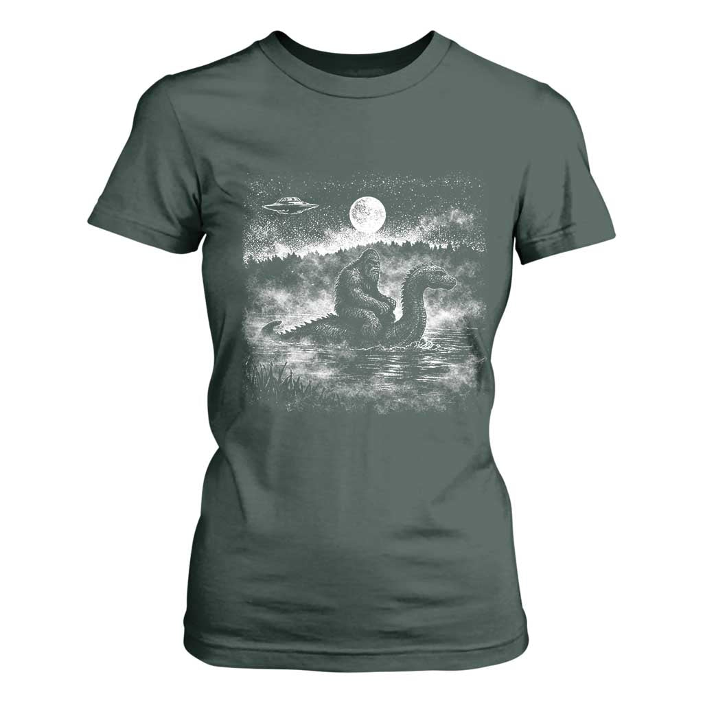 Bigfoot Loch Ness Monster T Shirt For Women Funny Retro Sasquatch Nessie Funny Cryptid Vintage Graphic TS10 Dark Forest Green Print Your Wear