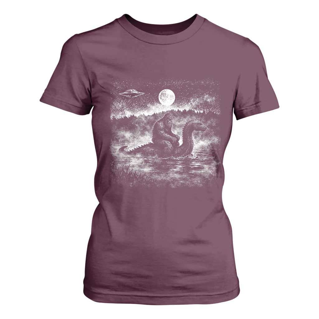 Bigfoot Loch Ness Monster T Shirt For Women Funny Retro Sasquatch Nessie Funny Cryptid Vintage Graphic TS10 Maroon Print Your Wear