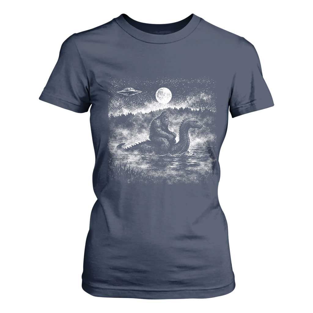 Bigfoot Loch Ness Monster T Shirt For Women Funny Retro Sasquatch Nessie Funny Cryptid Vintage Graphic TS10 Navy Print Your Wear