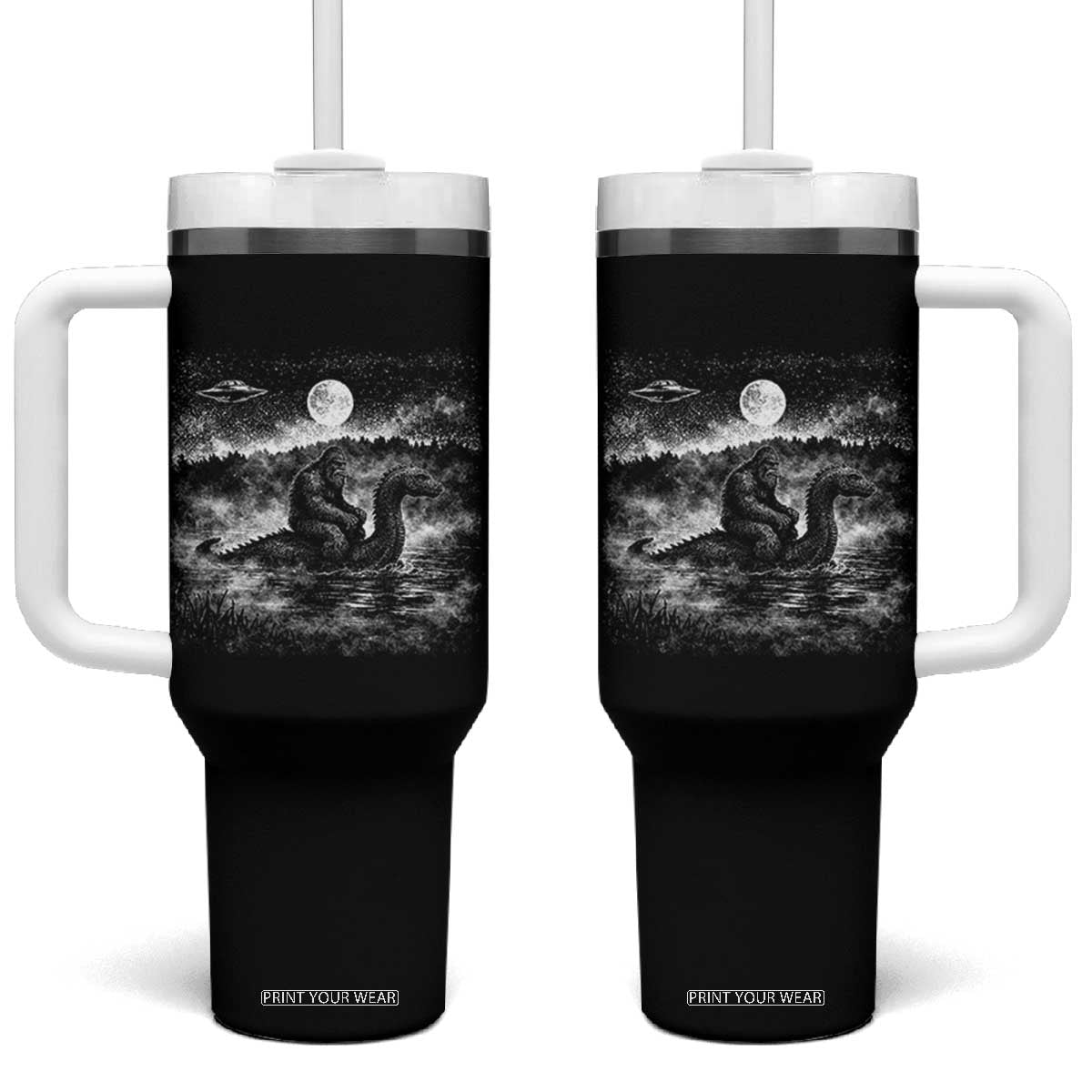 Bigfoot Loch Ness Monster Tumbler With Handle Funny Retro Sasquatch Nessie Funny Cryptid Vintage Graphic TS10 One Size: 40 oz Black Print Your Wear