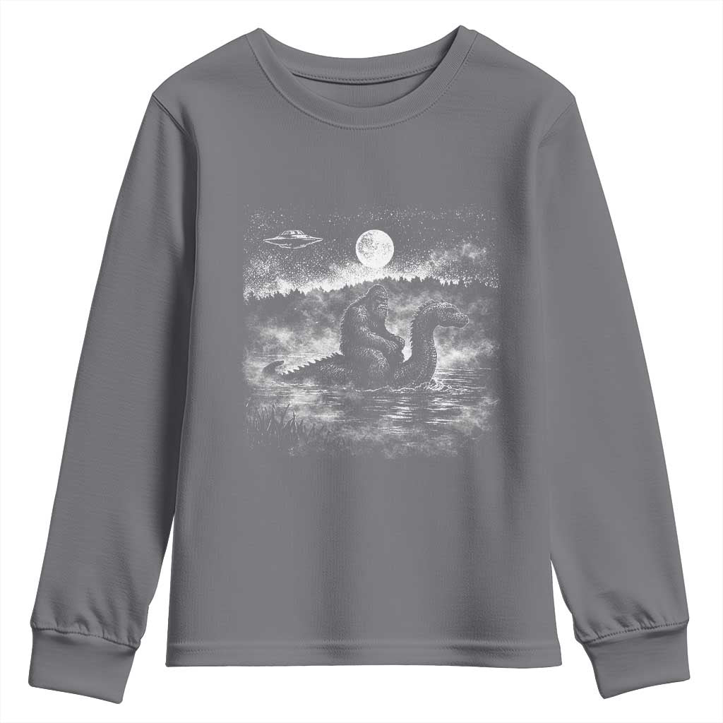 Bigfoot Loch Ness Monster Youth Sweatshirt Funny Retro Sasquatch Nessie Funny Cryptid Vintage Graphic TS10 Charcoal Print Your Wear