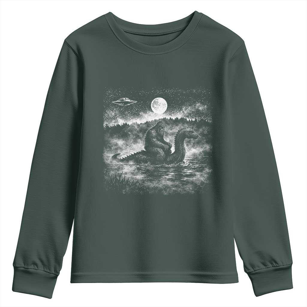Bigfoot Loch Ness Monster Youth Sweatshirt Funny Retro Sasquatch Nessie Funny Cryptid Vintage Graphic TS10 Dark Forest Green Print Your Wear