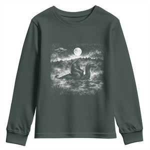 Bigfoot Loch Ness Monster Youth Sweatshirt Funny Retro Sasquatch Nessie Funny Cryptid Vintage Graphic TS10 Dark Forest Green Print Your Wear