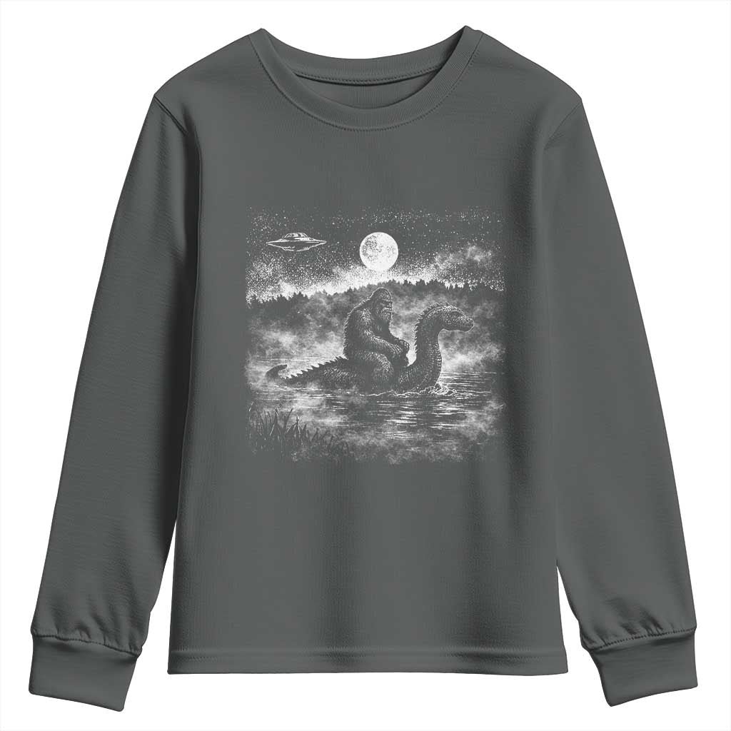 Bigfoot Loch Ness Monster Youth Sweatshirt Funny Retro Sasquatch Nessie Funny Cryptid Vintage Graphic TS10 Dark Heather Print Your Wear