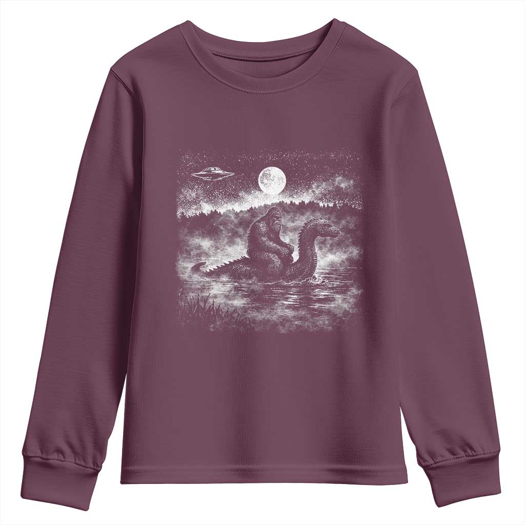 Bigfoot Loch Ness Monster Youth Sweatshirt Funny Retro Sasquatch Nessie Funny Cryptid Vintage Graphic TS10 Maroon Print Your Wear