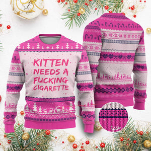 Kitten Needs A Fucking Cigarette Ugly Christmas Sweater Funny Cat Joke Cat Meme TS10 Hot Pink Print Your Wear