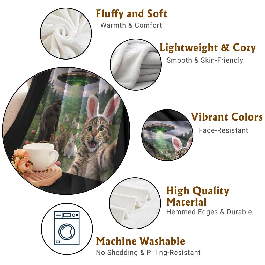 Funny Easter Day Throw Blanket Cat Selfie With Bunny Bigfoot UFO Bunny Egg TS10 Print Your Wear
