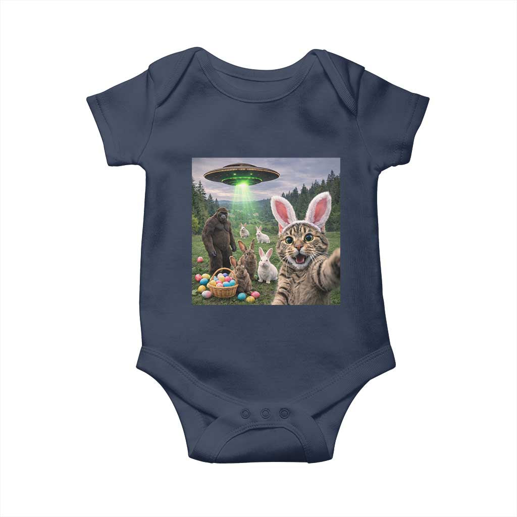 Funny Easter Day Baby Onesie Cat Selfie With Bunny Bigfoot UFO Bunny Egg TS10 Navy Print Your Wear