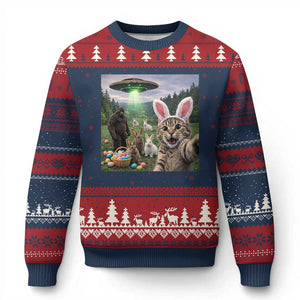 Funny Easter Day Ugly Christmas Sweater Cat Selfie With Bunny Bigfoot UFO Bunny Egg TS10 Navy Red Print Your Wear