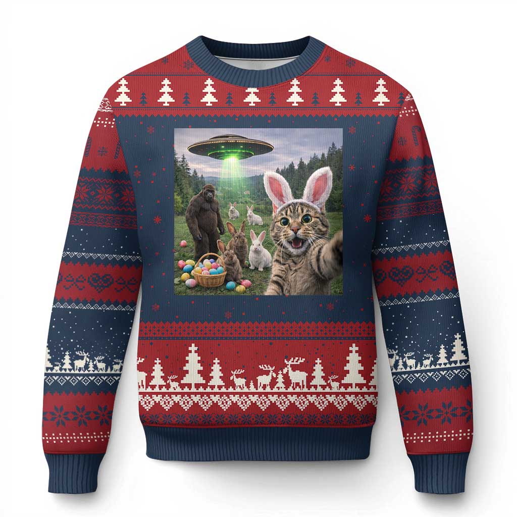 Funny Easter Day Ugly Christmas Sweater Cat Selfie With Bunny Bigfoot UFO Bunny Egg TS10 Navy Red Print Your Wear