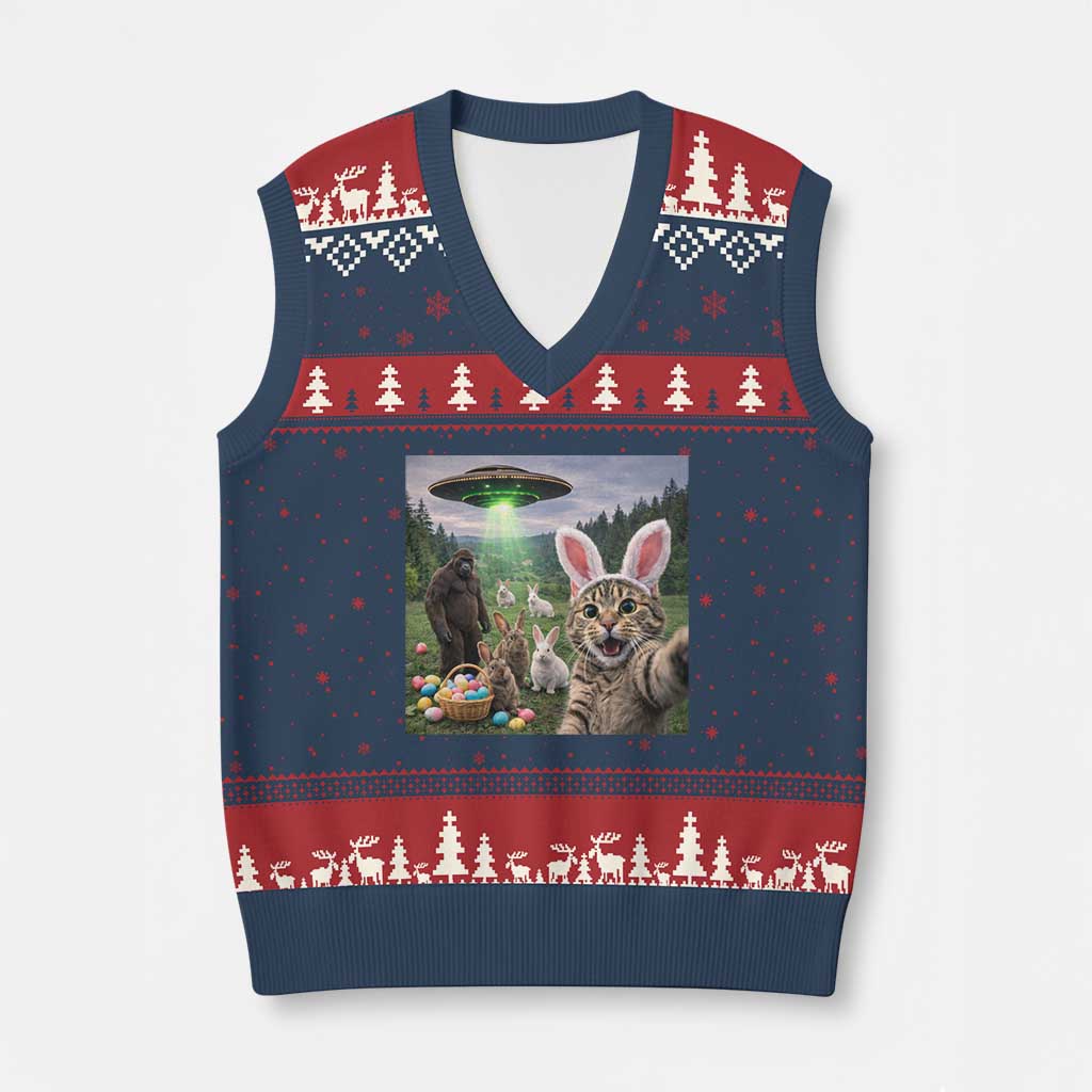Funny Easter Day V-Neck Knit Sweater Vest Cat Selfie With Bunny Bigfoot UFO Bunny Egg TS10 Navy Red Print Your Wear