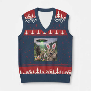 Funny Easter Day V-Neck Knit Sweater Vest Cat Selfie With Bunny Bigfoot UFO Bunny Egg TS10 Navy Red Print Your Wear