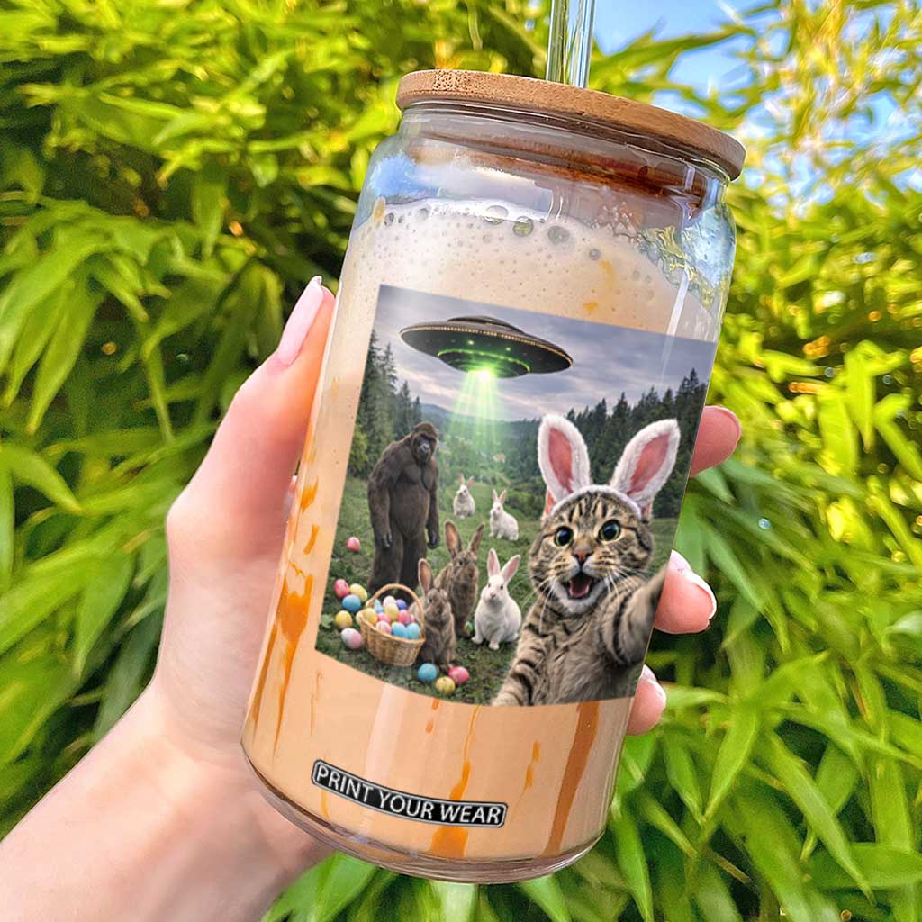Funny Easter Day Glass Can Cat Selfie With Bunny Bigfoot UFO Bunny Egg TS10 Black Print Your Wear