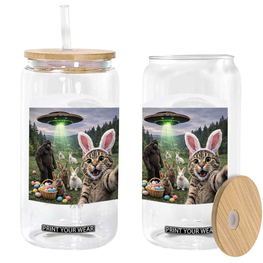 Funny Easter Day Glass Can Cat Selfie With Bunny Bigfoot UFO Bunny Egg TS10 Print Your Wear