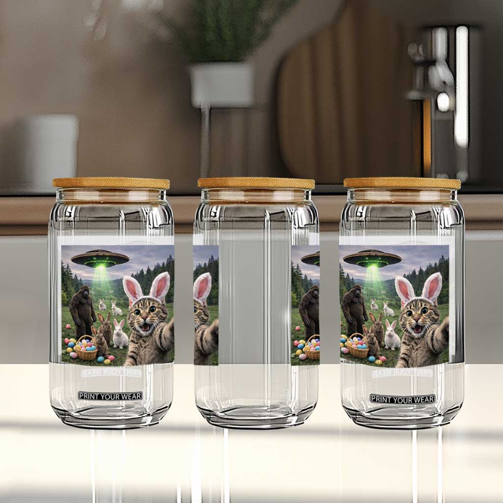 Funny Easter Day Glass Can Cat Selfie With Bunny Bigfoot UFO Bunny Egg TS10 Print Your Wear