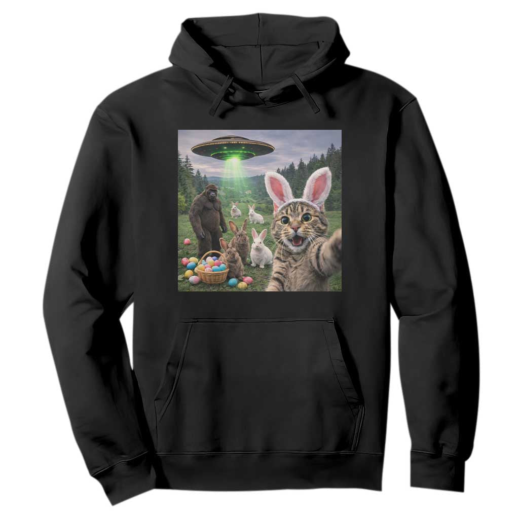 Funny Easter Day Hoodie Cat Selfie With Bunny Bigfoot UFO Bunny Egg TS10 Black Print Your Wear