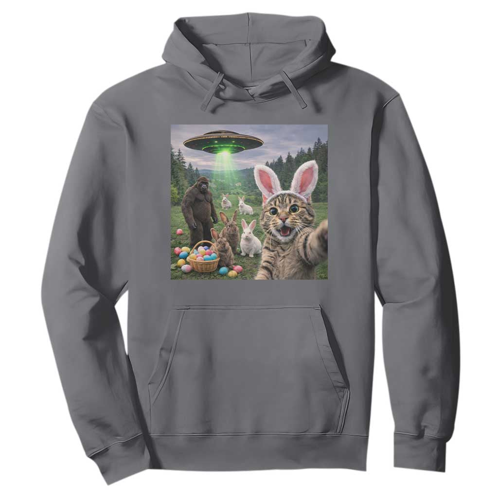 Funny Easter Day Hoodie Cat Selfie With Bunny Bigfoot UFO Bunny Egg TS10 Charcoal Print Your Wear