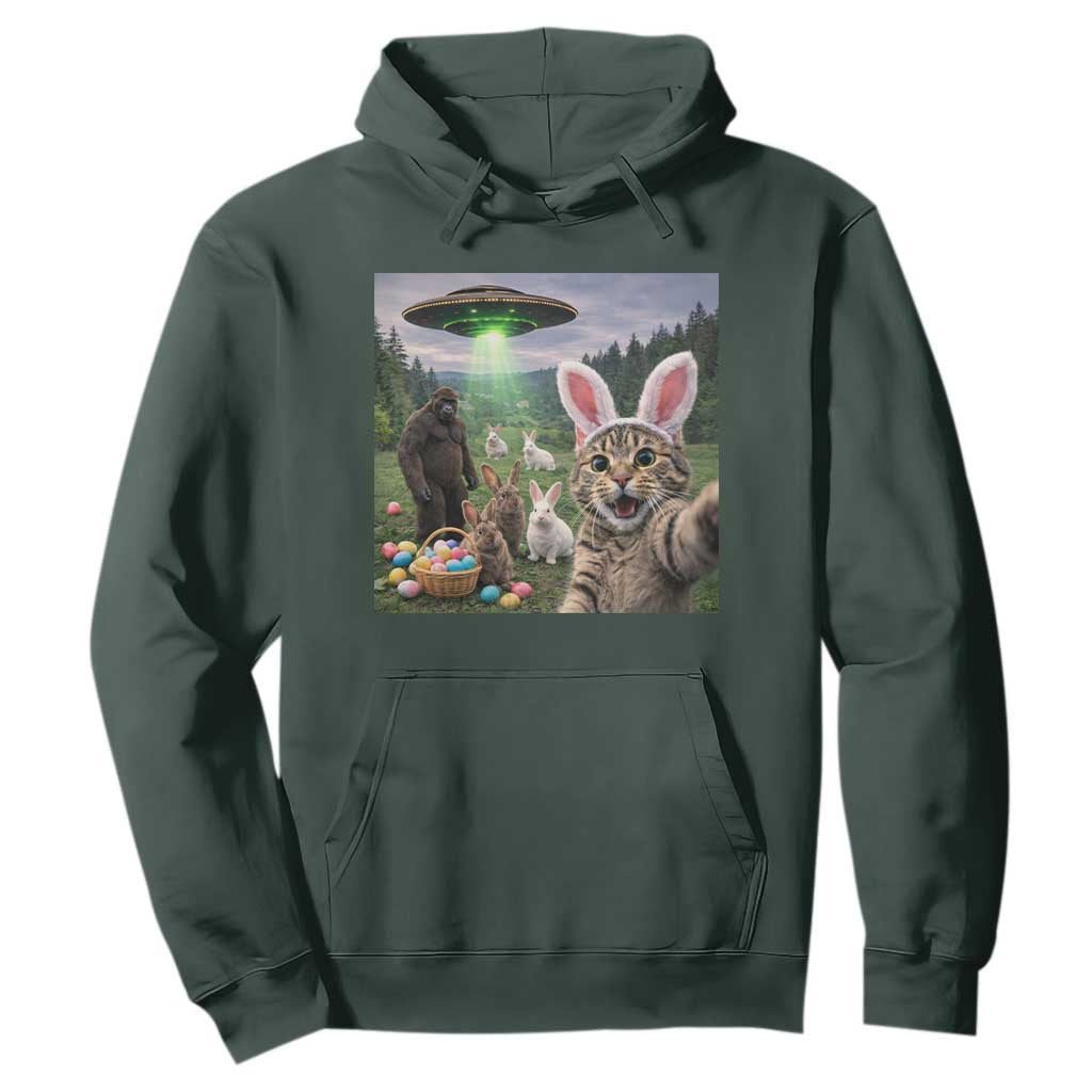 Funny Easter Day Hoodie Cat Selfie With Bunny Bigfoot UFO Bunny Egg TS10 Dark Forest Green Print Your Wear