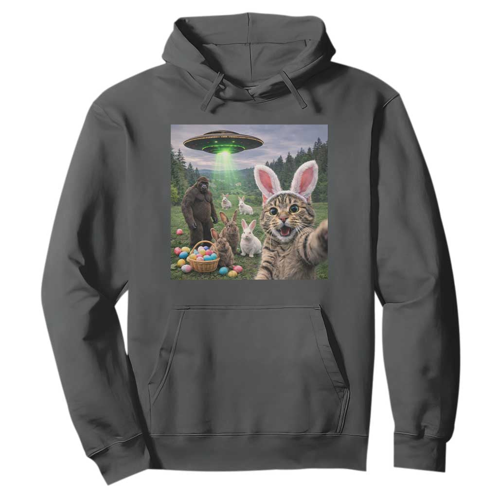 Funny Easter Day Hoodie Cat Selfie With Bunny Bigfoot UFO Bunny Egg TS10 Dark Heather Print Your Wear