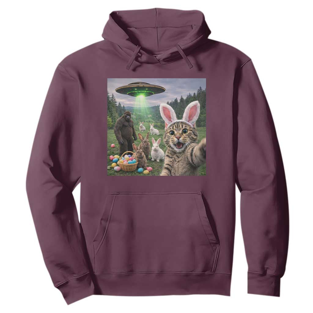 Funny Easter Day Hoodie Cat Selfie With Bunny Bigfoot UFO Bunny Egg TS10 Maroon Print Your Wear
